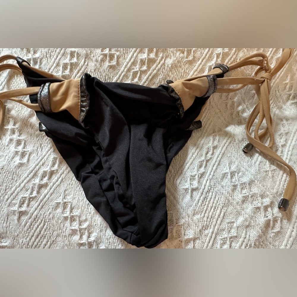 Beach Bunny Bronze‎ Black Tan Ruched Back Side Tie Bikini Bottoms Large